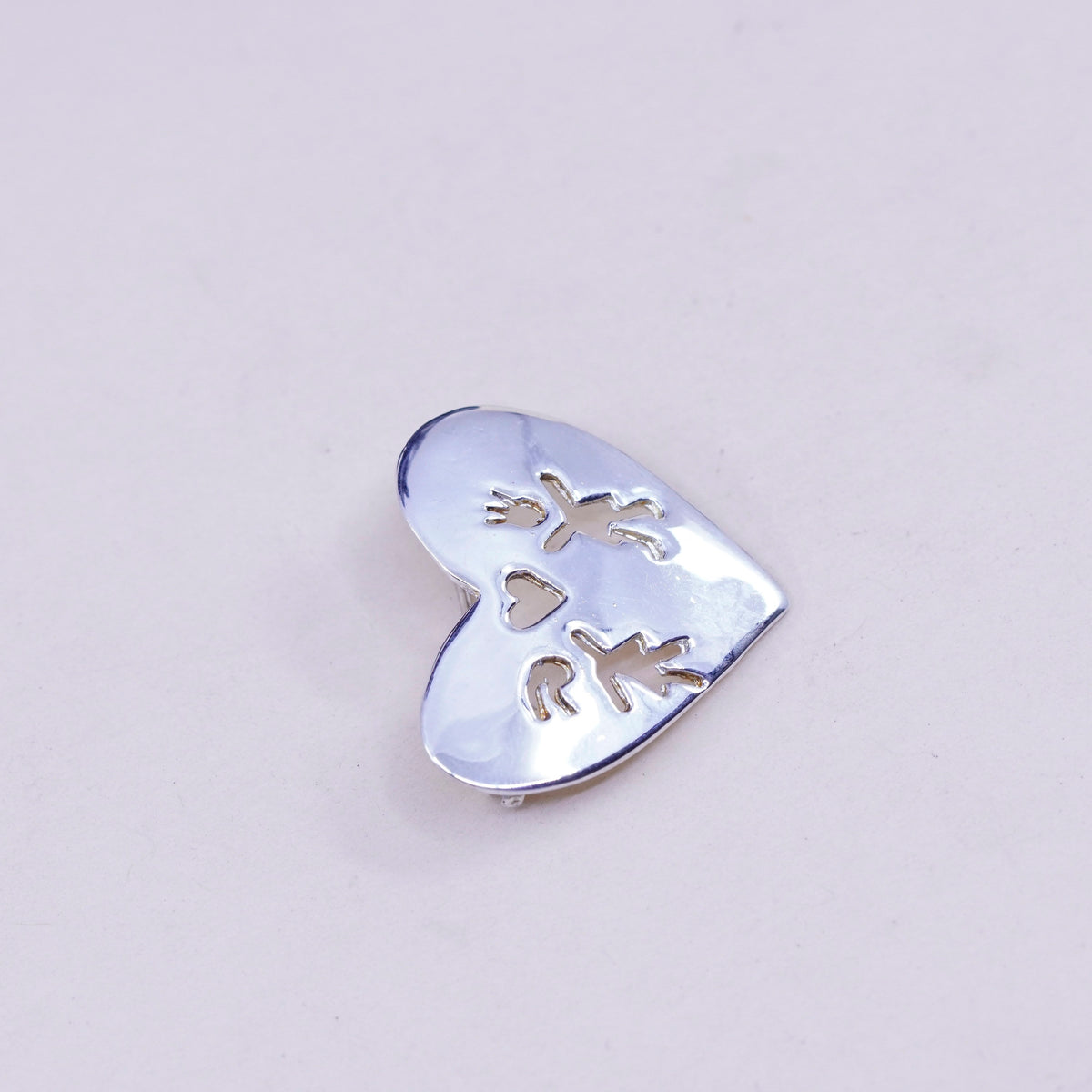 vtg Sterling silver handmade brooch, modern 925 heart pin with boy girl cut out