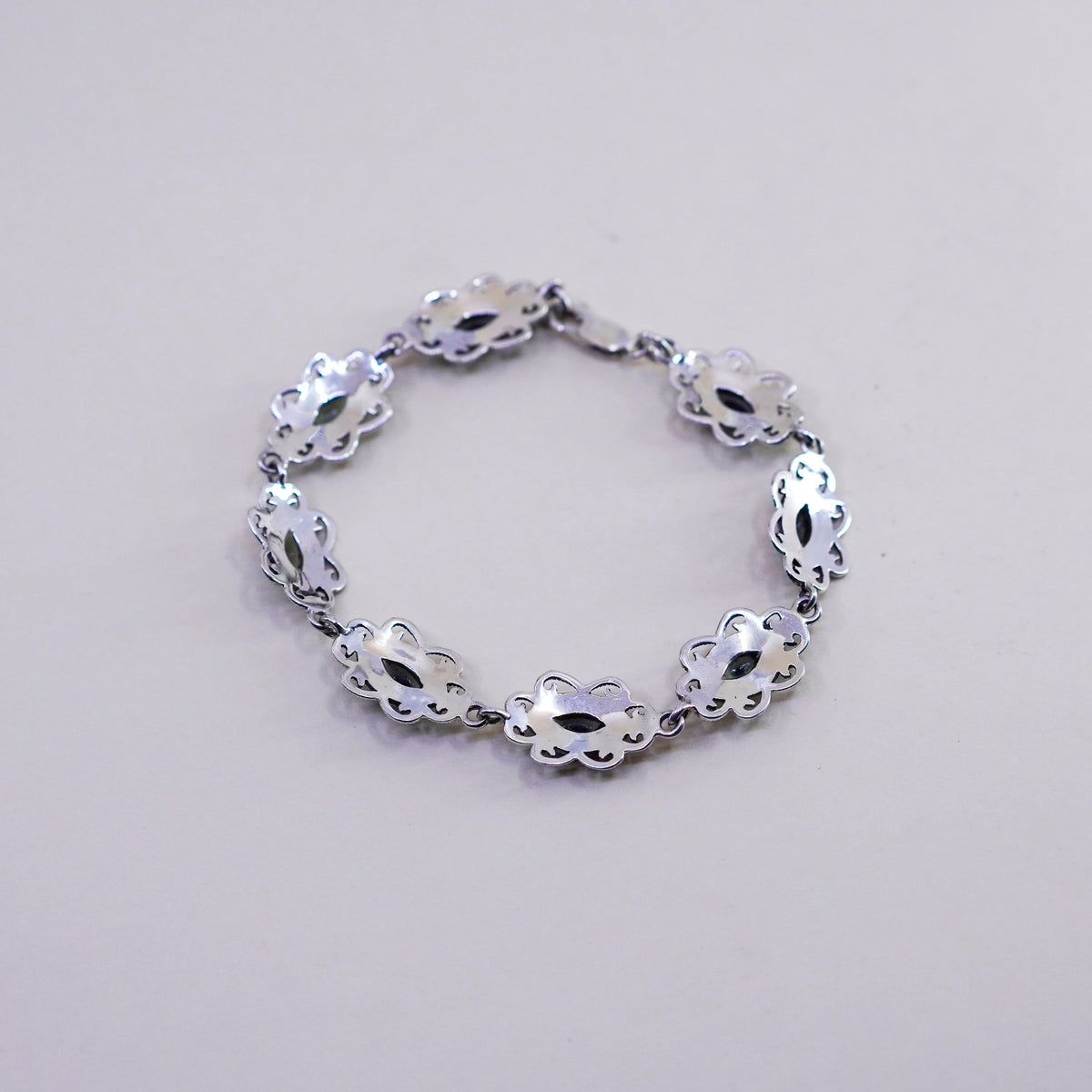 7.5”, sterling 925 silver handmade tennis bracelet w/ obsidian and marcasite