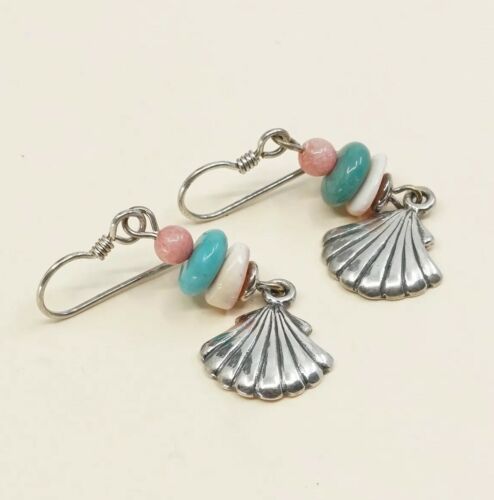 Vtg Southwestern handmade 925 Sterling Silver Earrings, Shell Dangles Turquoise