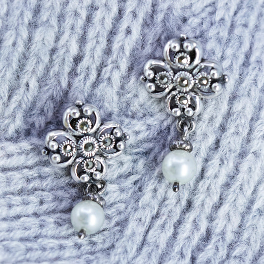 Vintage sterling 925 silver handmade clover earrings with pearl and marcasite