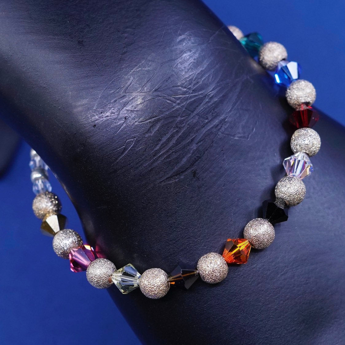 7.25”, sterling silver handmade bracelet, 925 beads w/ crystal beads N heart