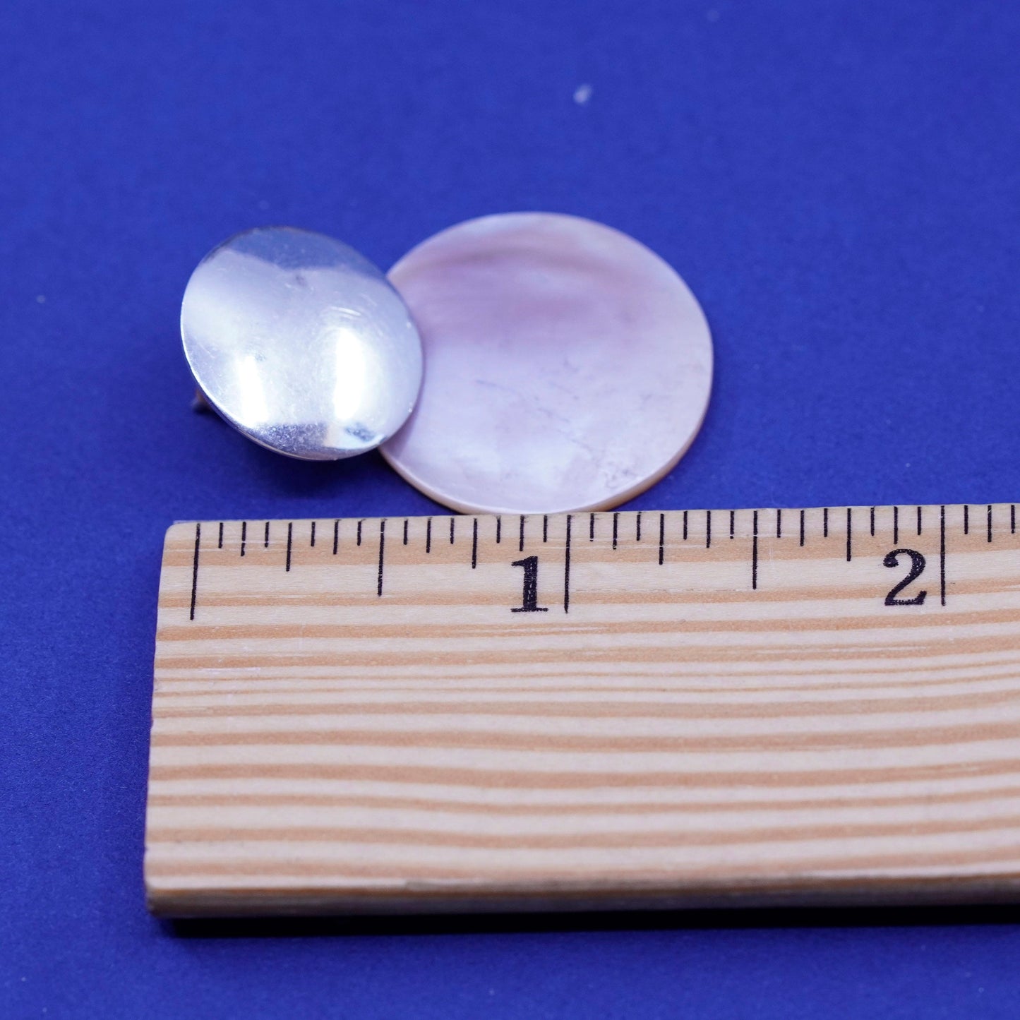 sterling silver handmade earrings, 925 round studs with mother of pearl discs