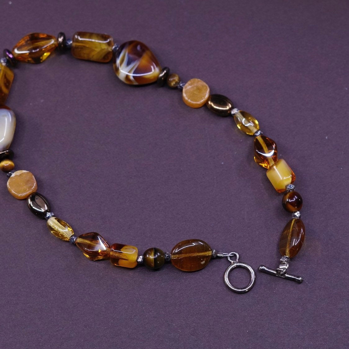 9.25", vtg Sterling silver handmade bracelet, 925 toggle closure w/ Amber