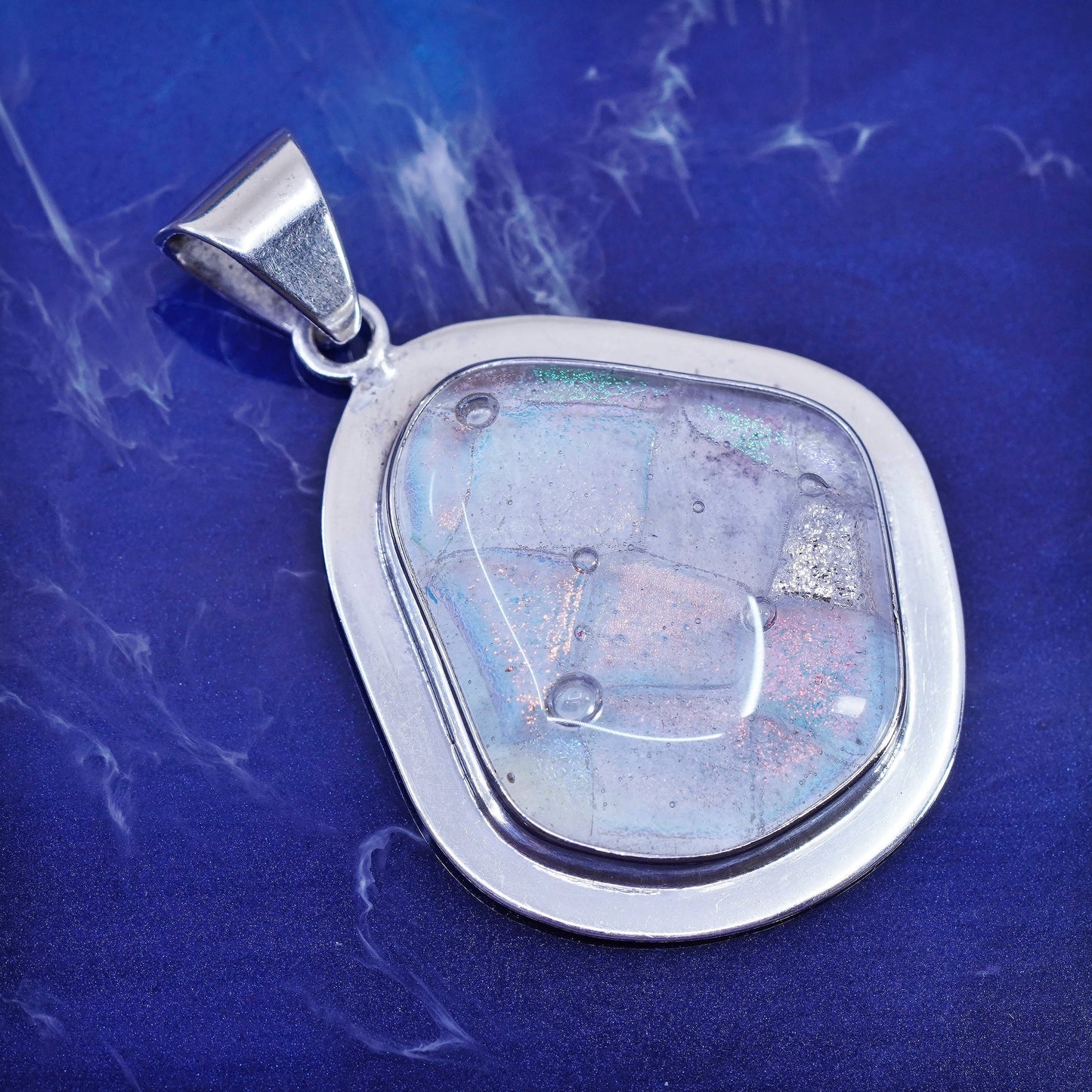 Vintage Mexico sterling 925 silver handmade pendant with white dichroic glass