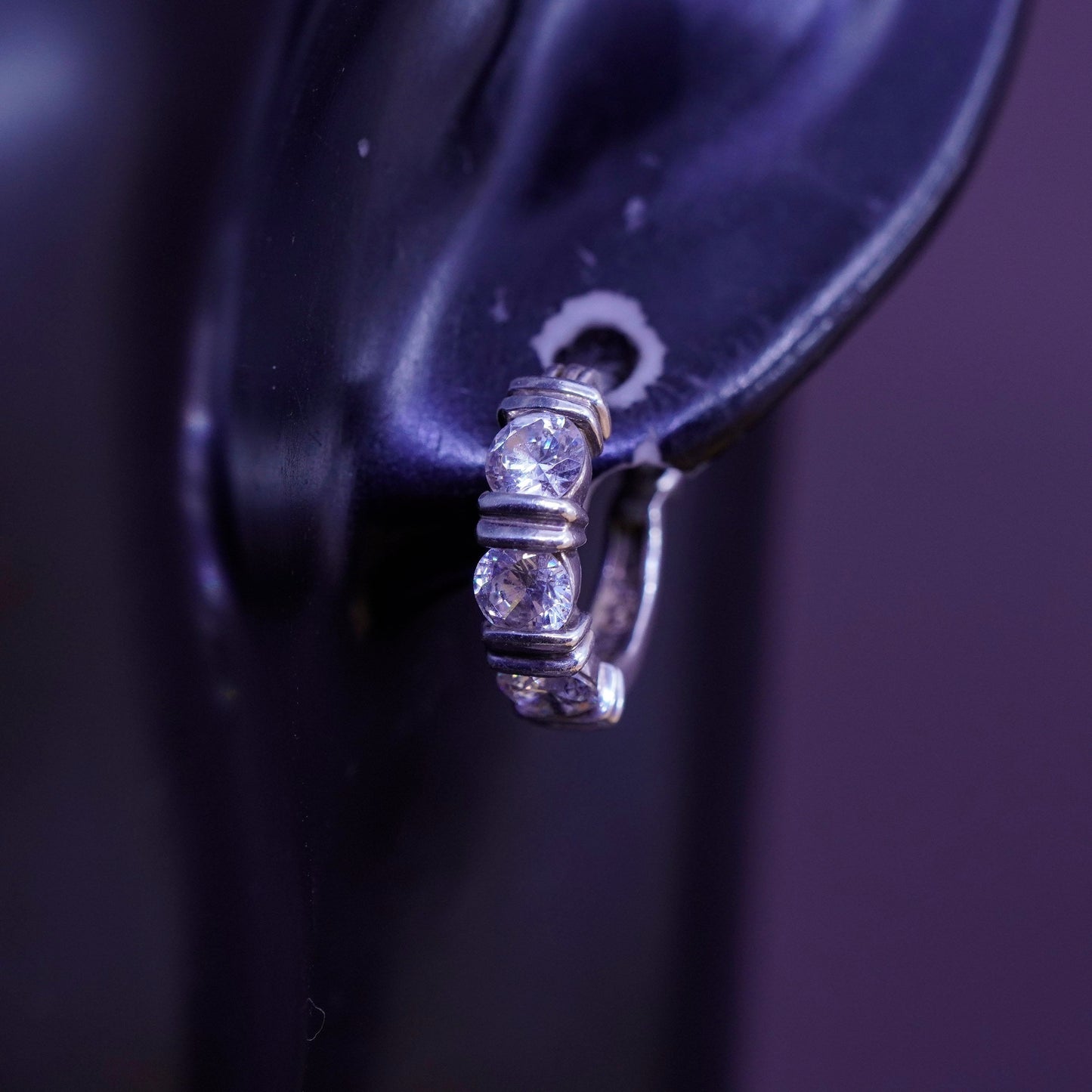 0.5”, vintage Sterling silver handmade earrings, 925 hoops with cluster Cz