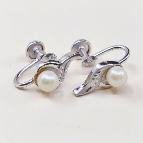Vtg marvel Sterling 925 Silver Handmade Screw Back Earrings With Pearl