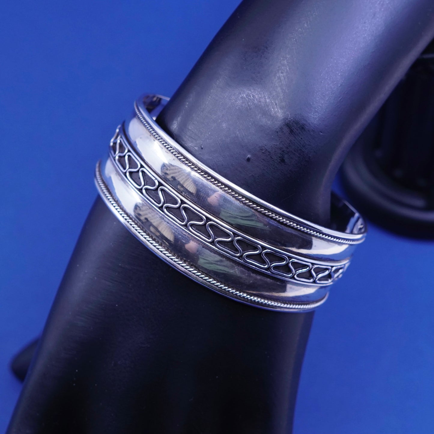 7", vtg sterling silver handmade bracelet, wide 925 twisted cable cuff
