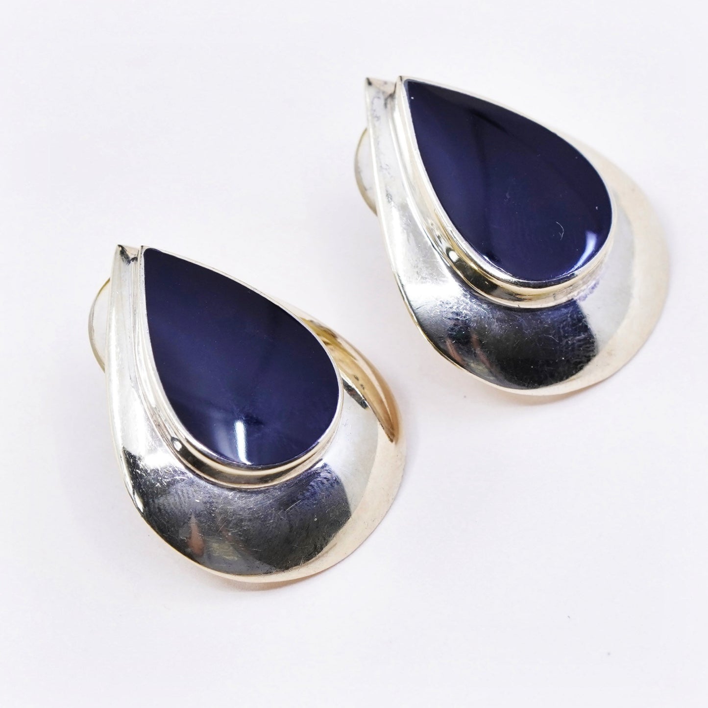 vermeil gold over Sterling silver handmade earrings, 925 teardrop stud w/ onyx