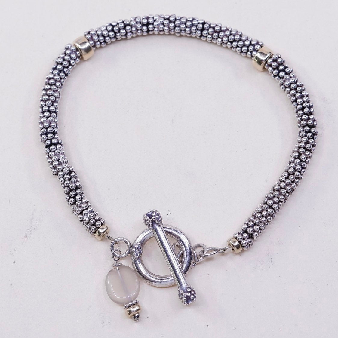 7.25", Vintage handmade bracelet, 14K beads with 925 silver beads and toggle closure, silver tested