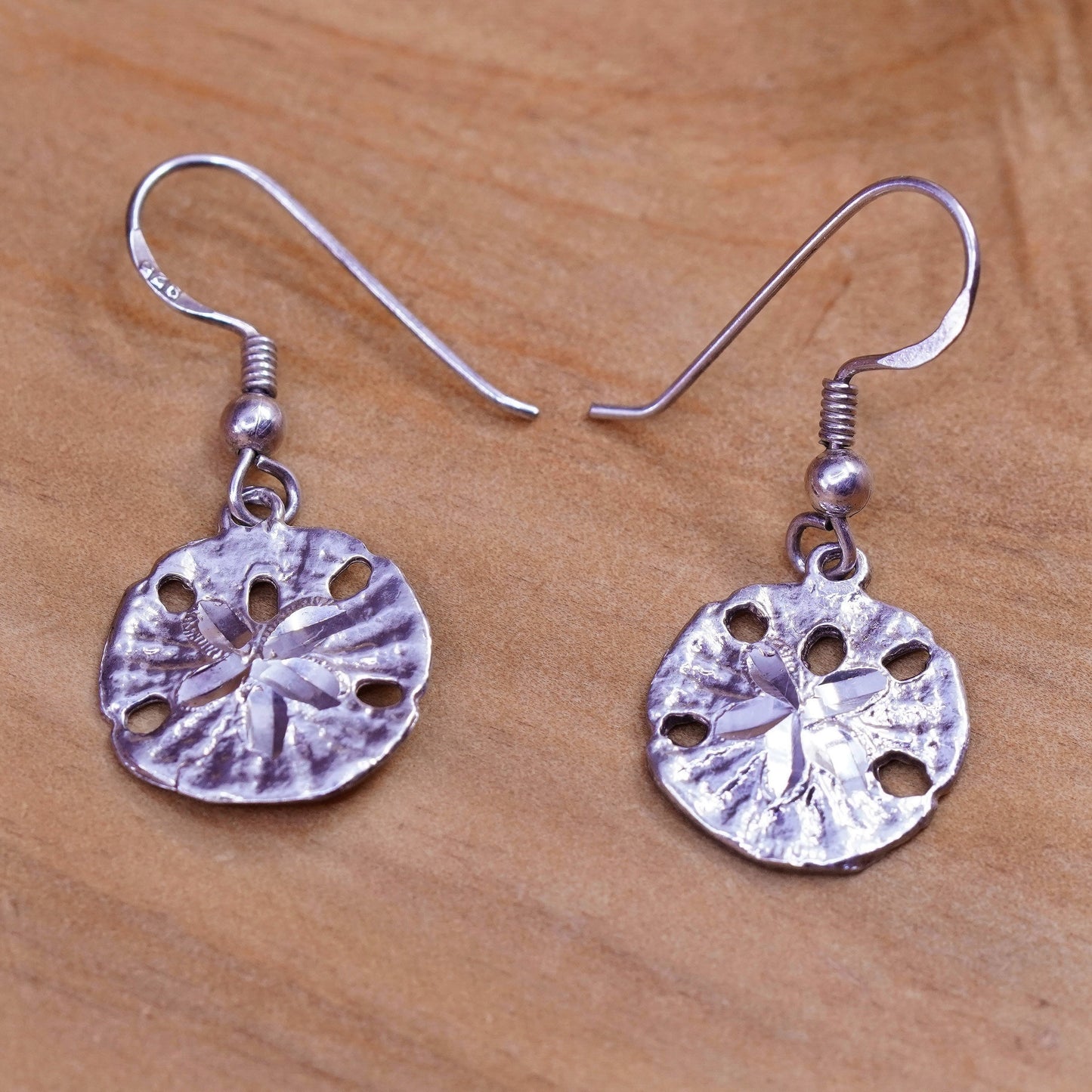 Vintage Sterling silver handmade earrings, 925 sand dollar drops