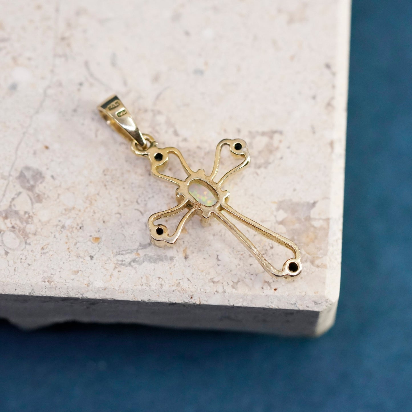 Vermeil gold over Sterling silver pendant, 925 cross with diamond and opal