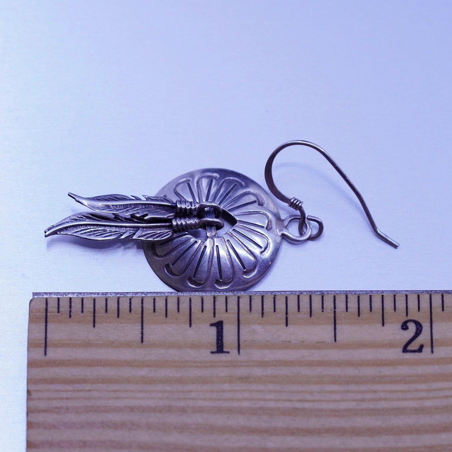 vintage Sterling silver handmade earrings, 925 textured disc feather dangles