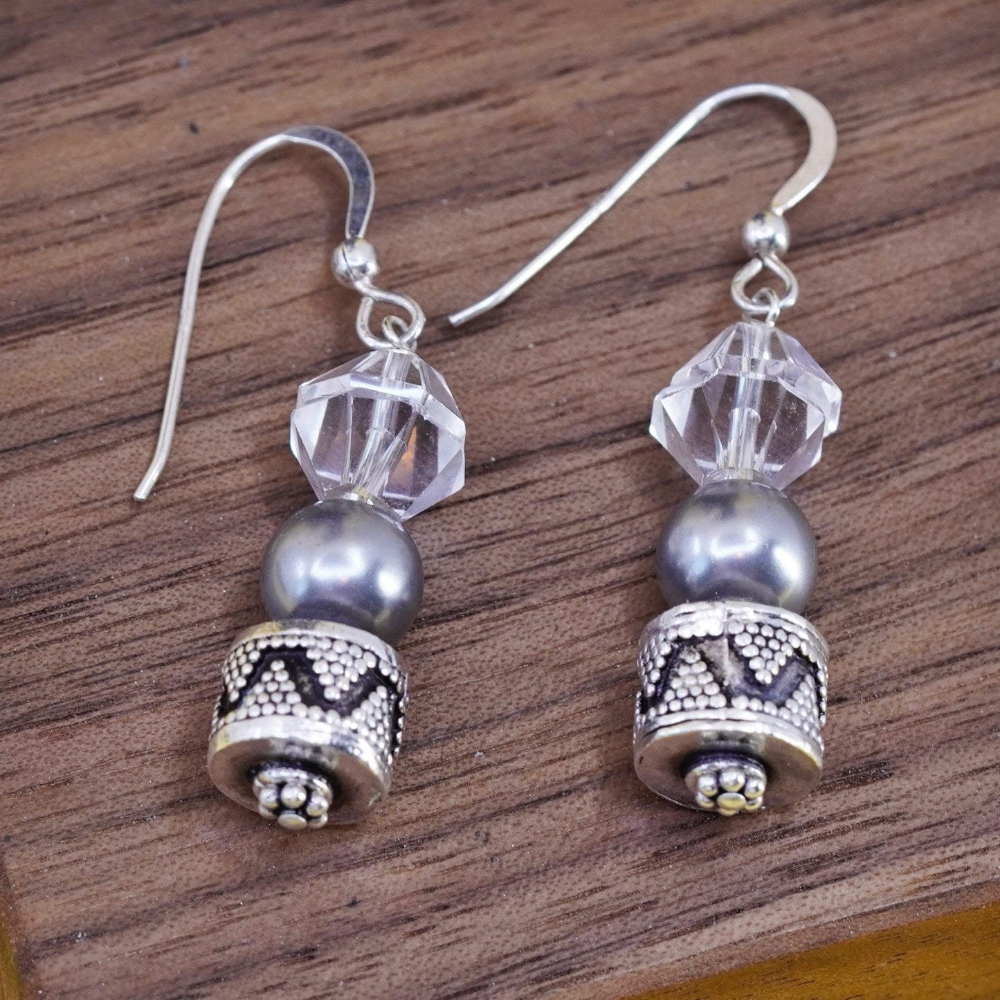 Vintage sterling silver handmade earrings, 925 Bali beads with pearl crystal