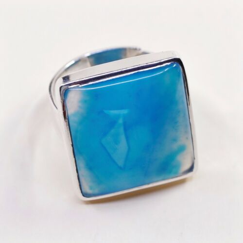 Sz 10, Vtg 925 sterling silver handmade Statement ring W/ Dendritic Blue agate