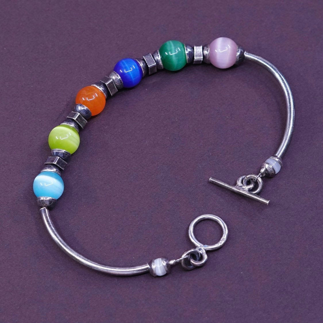 6.5”, Sterling silver handmade bracelet, 925 bangle w/ rainbow tiger eye beads