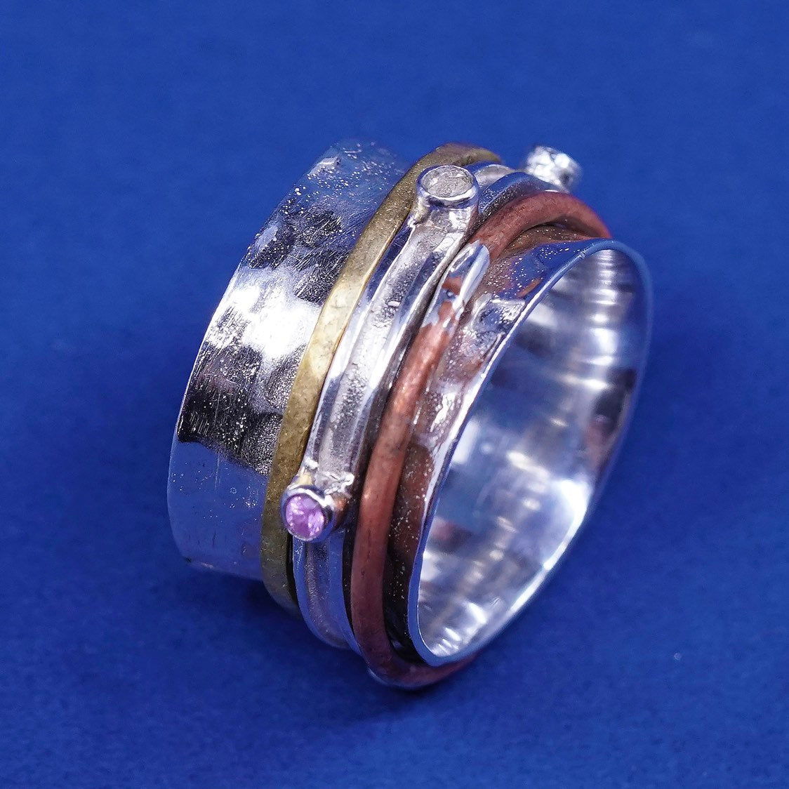 sz 8, vtg triple Tone sterling silver hammered band, 925 spinner ring