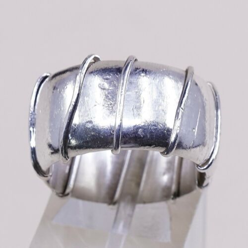 Size 7.25, Vtg Sterling Silver Handmade Ring 925 Wide Band w/ Cable Around