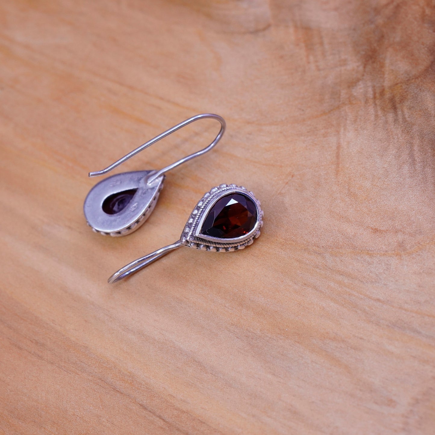 Vintage Sterling 925 silver handmade earrings with teardrop ruby and beads