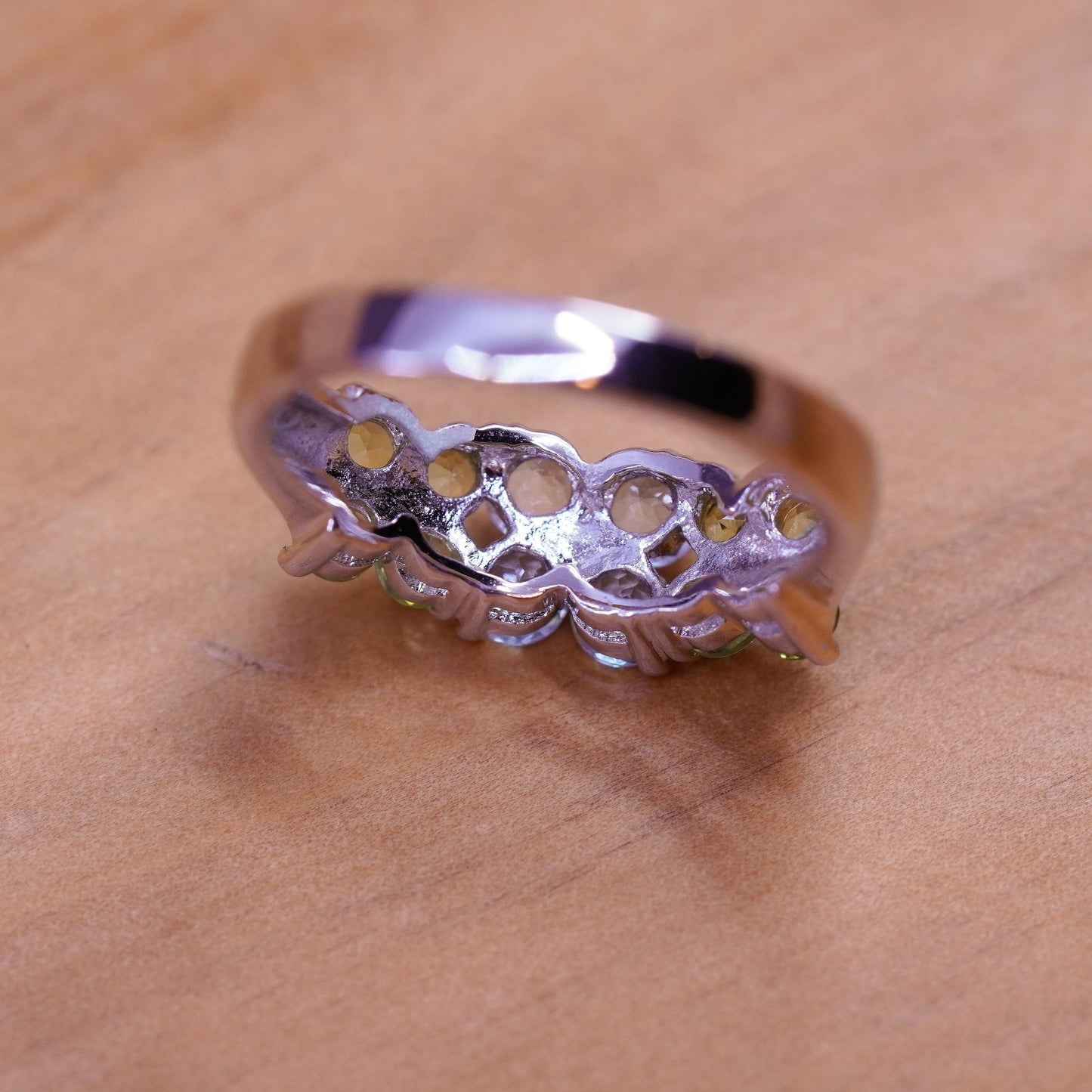 Size 8.25, vintage Sterling 925 silver handmade ring with peridot and topaz