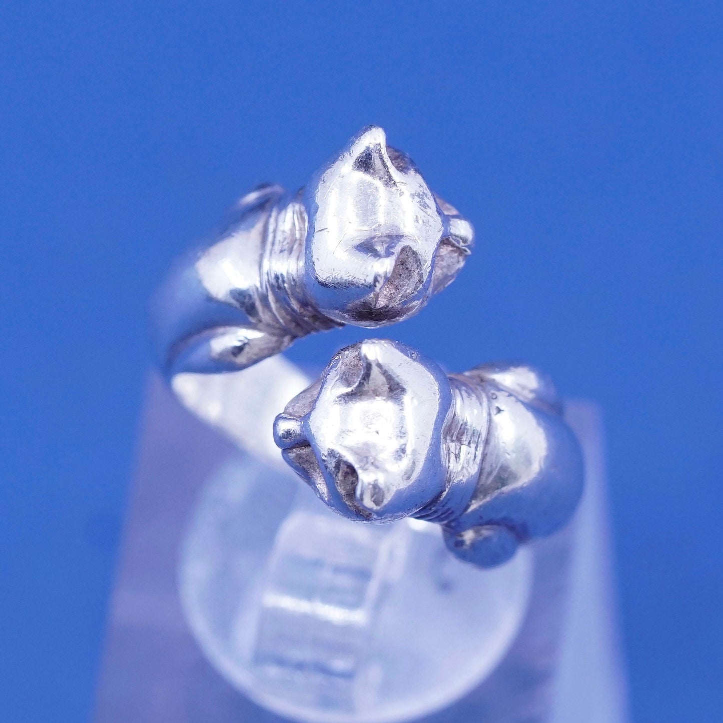 Size adjustable, vtg Sterling Silver Handmade ring, 925 double cat wrap band