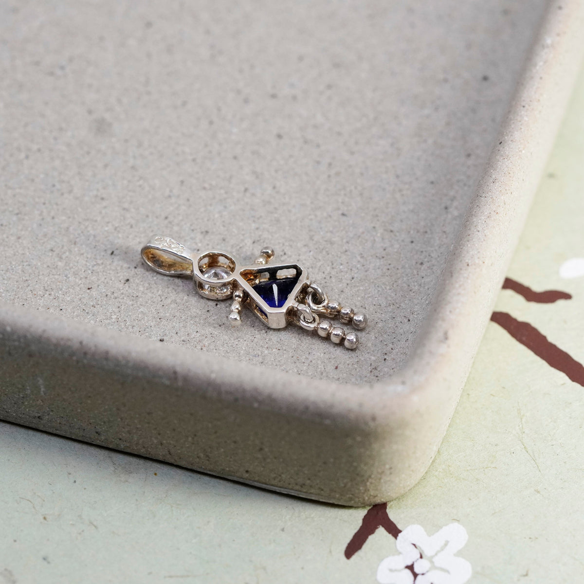 Vintage sterling silver birthstone pendant, girl figure charm with sapphire