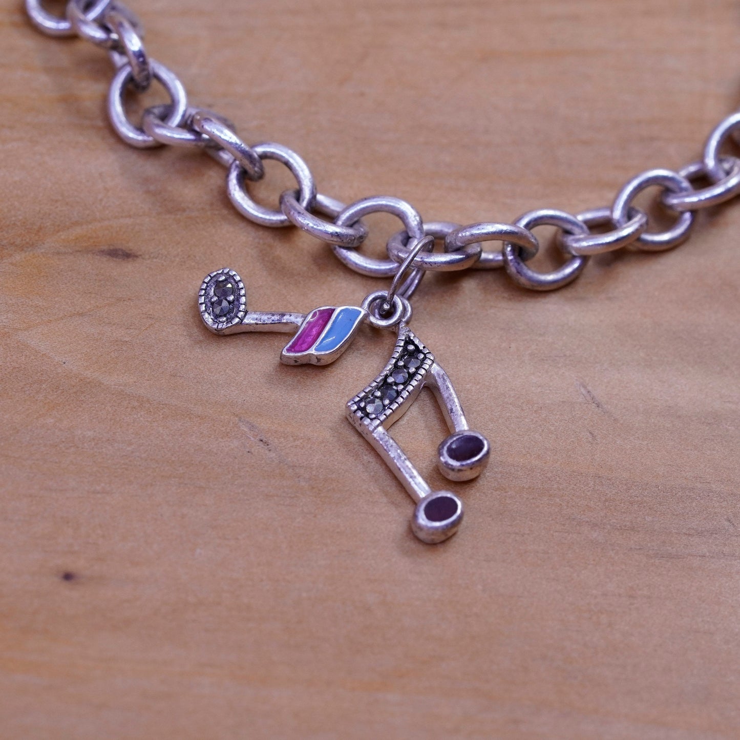 7”, vtg Sterling silver handmade bracelet, 925 circle chain music symbol charm