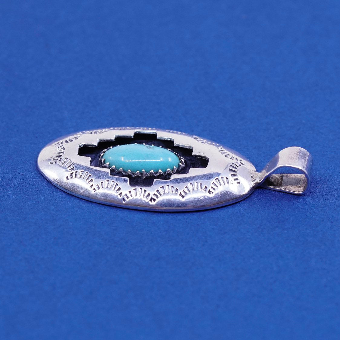Native American Navajo Sterling silver handmade pendant, 925 w/ oval turquoise
