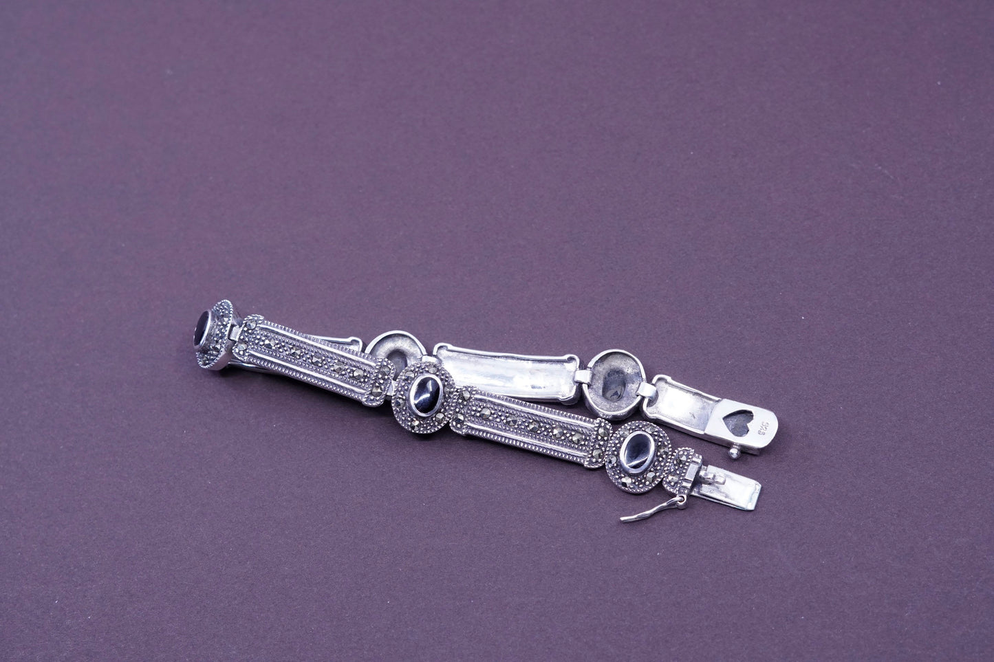 7.25”, Sterling silver bracelet, 925 tennis bracelet w/ marcasite obsidian