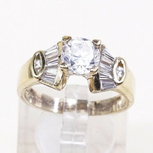 Sz 9, Gold Over Sterling Ring, 925 Engagement Ring W/ Crystal, Stamped 925
