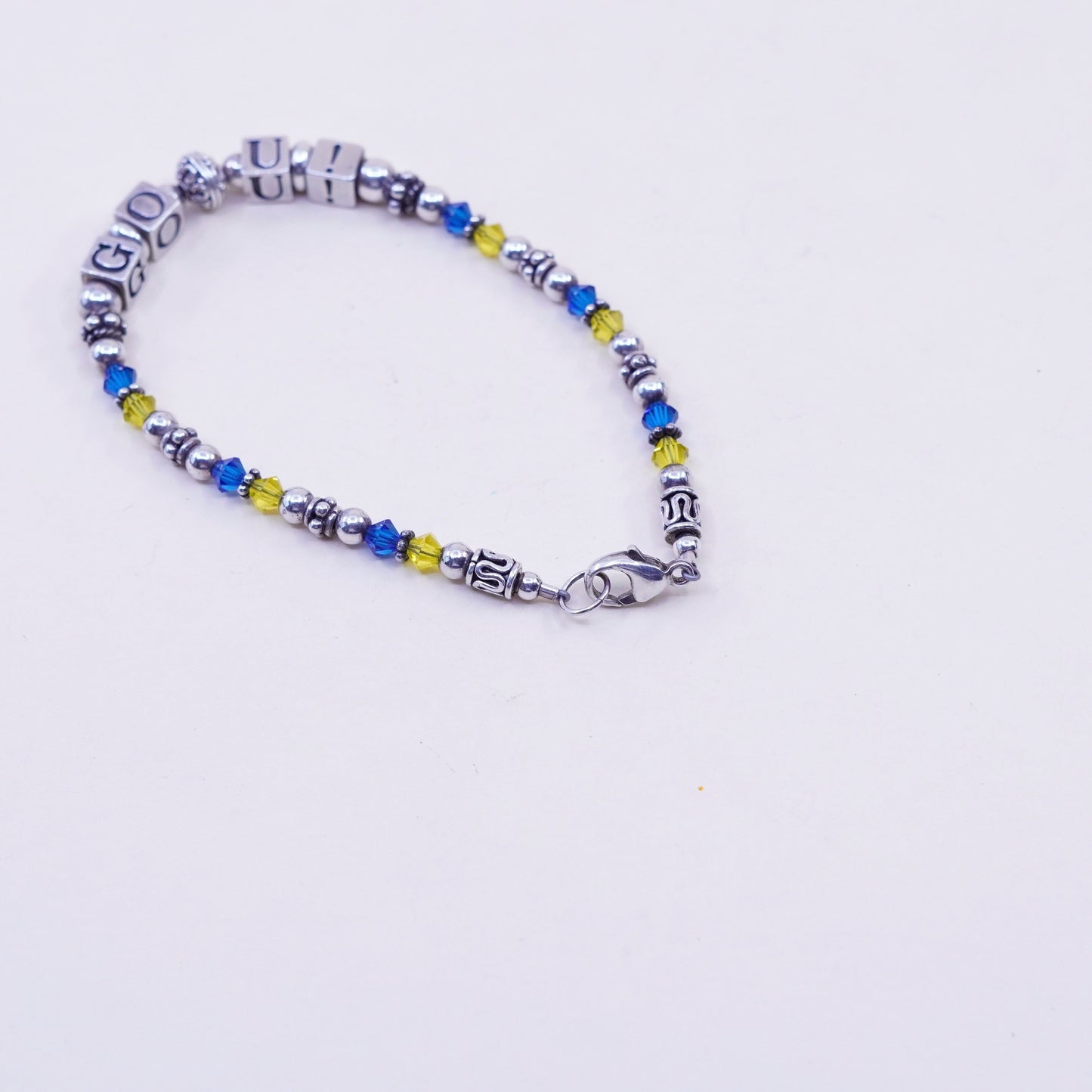7”, handmade Sterling 925 Silver and crystal beads bracelet with “go, U!” cubes