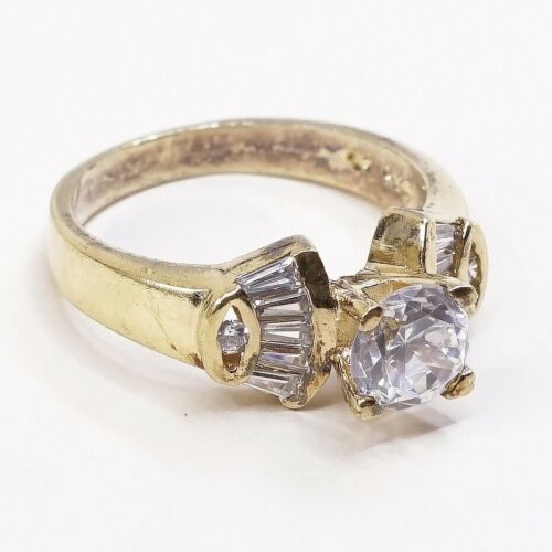 Sz 9, Gold Over Sterling Ring, 925 Engagement Ring W/ Crystal, Stamped 925