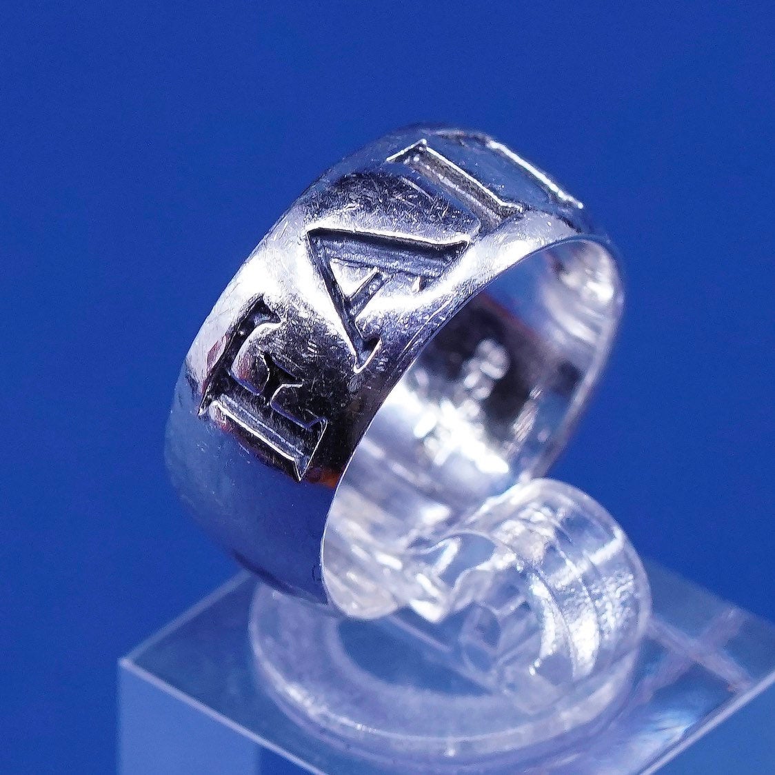 sz 6.75, vtg CF sterling silver handmade ring, 925 band w/ faith embossed