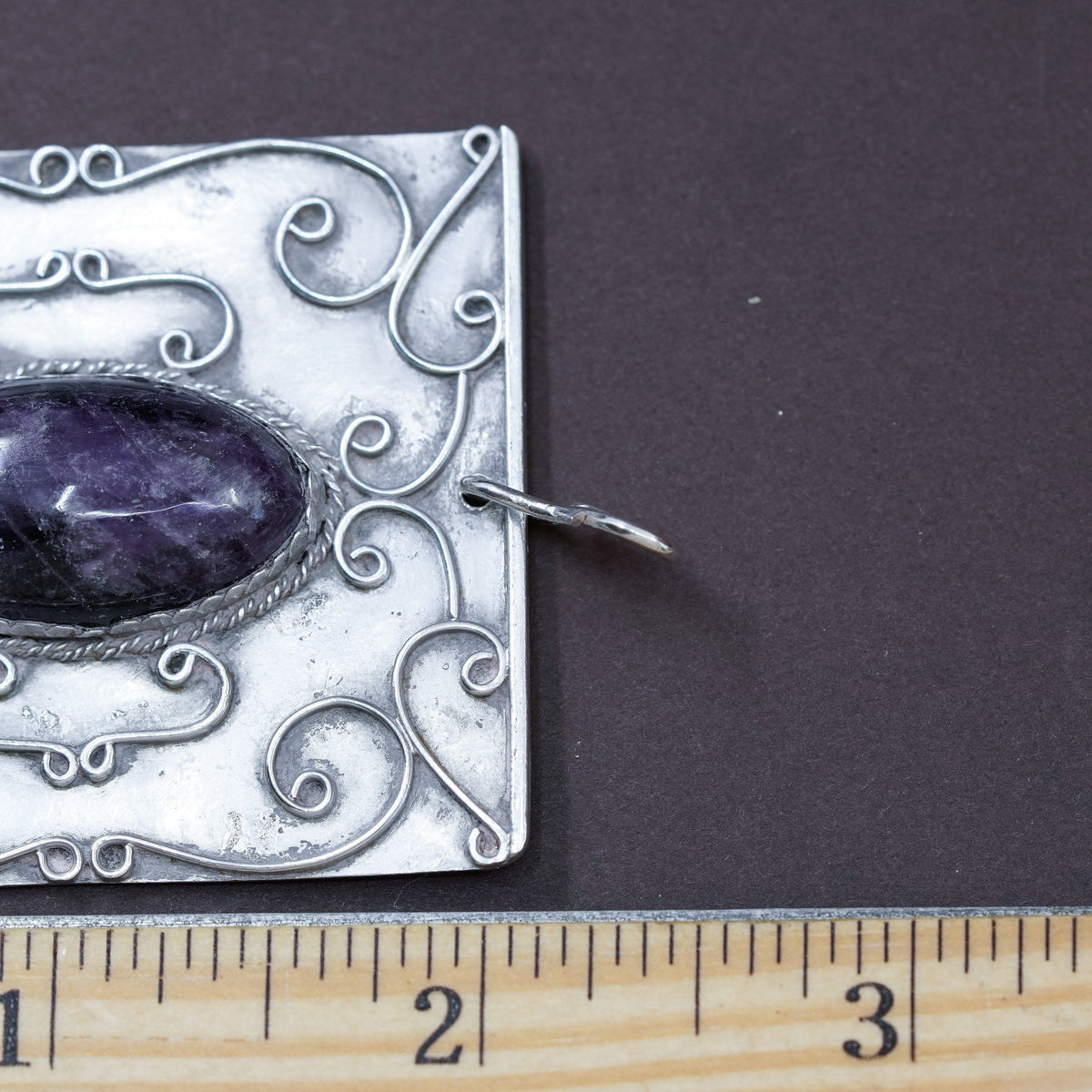 Vintage taxco Sterling silver handmade pendant, 980 charm oval amethyst cable