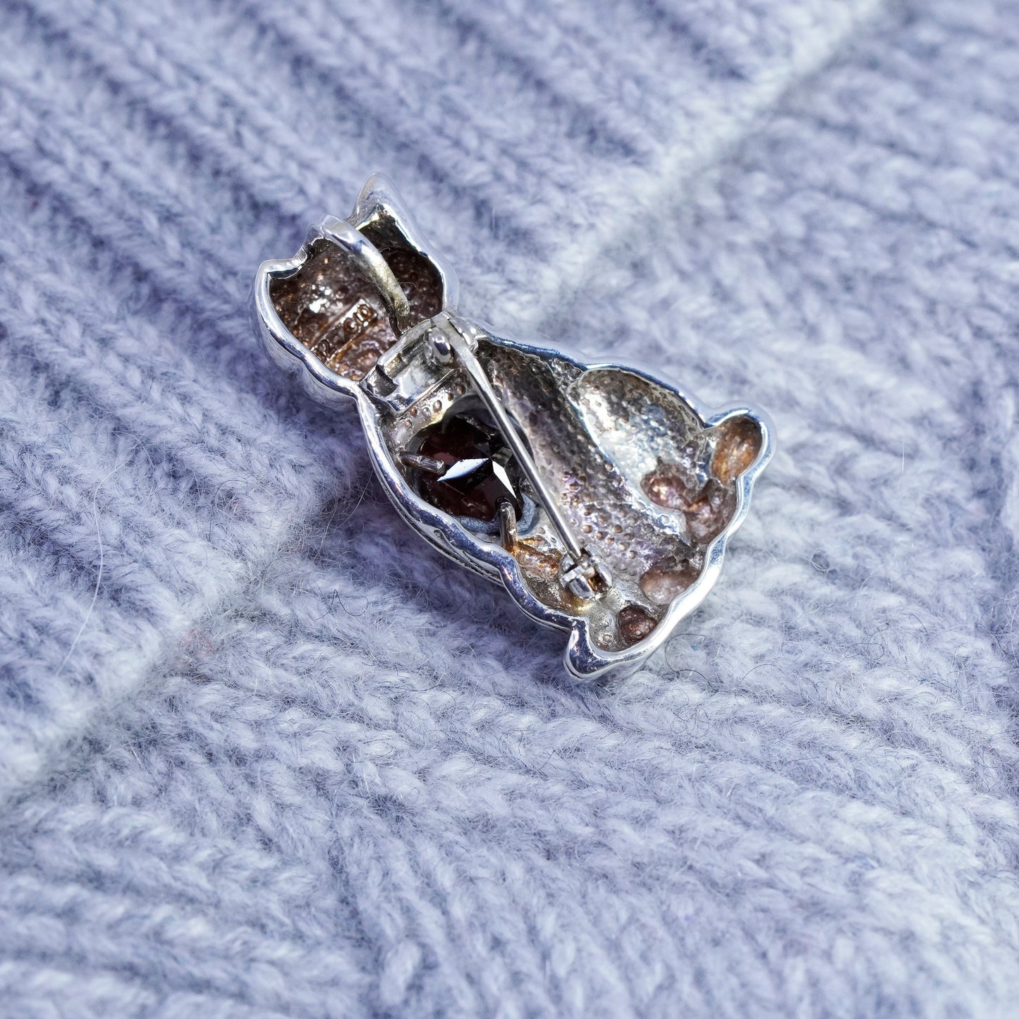 antique sterling 925 silver cat kitty pendant brooch with heart ruby