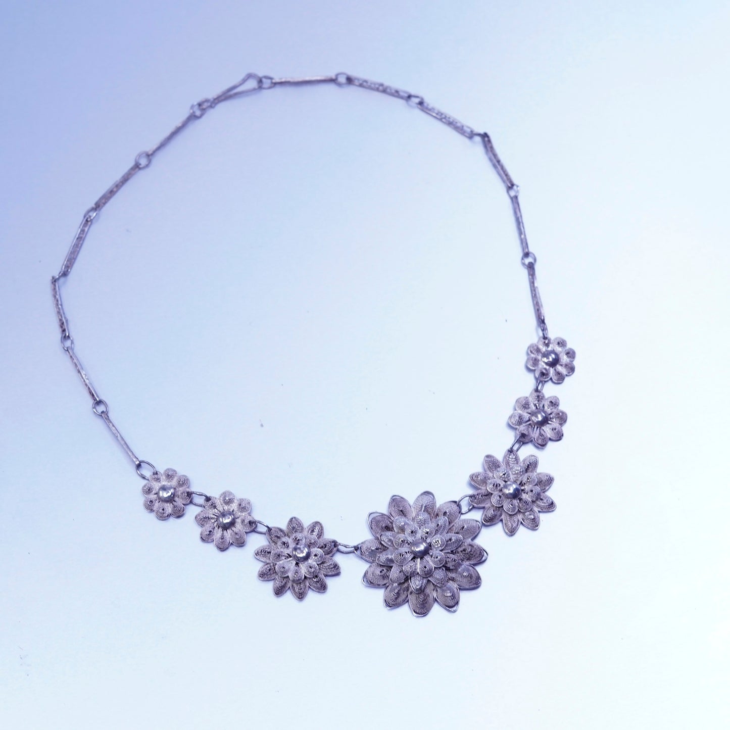 15” southwestern Sterling 925 silver filigree elongated necklace flower pendant