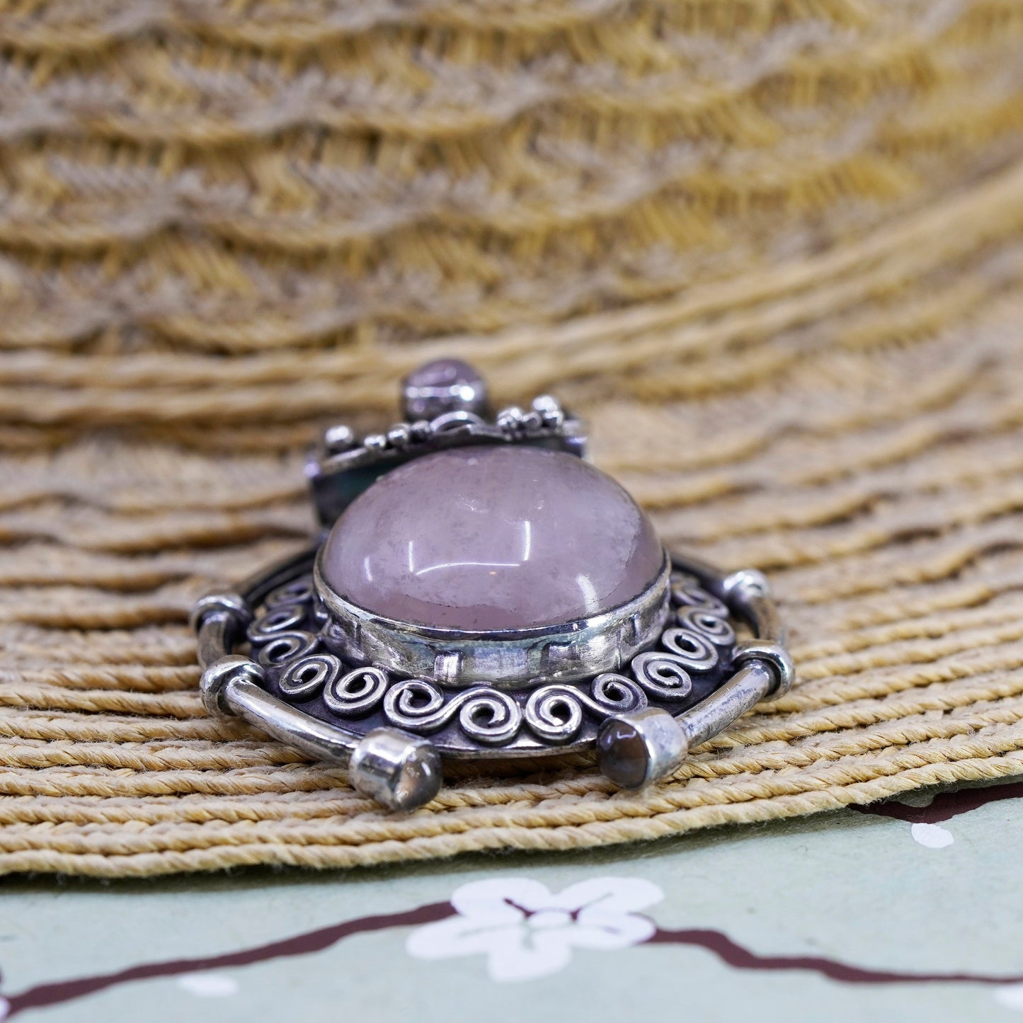 Vintage sajen Sterling 925 silver handmade pendant with round rose quartz