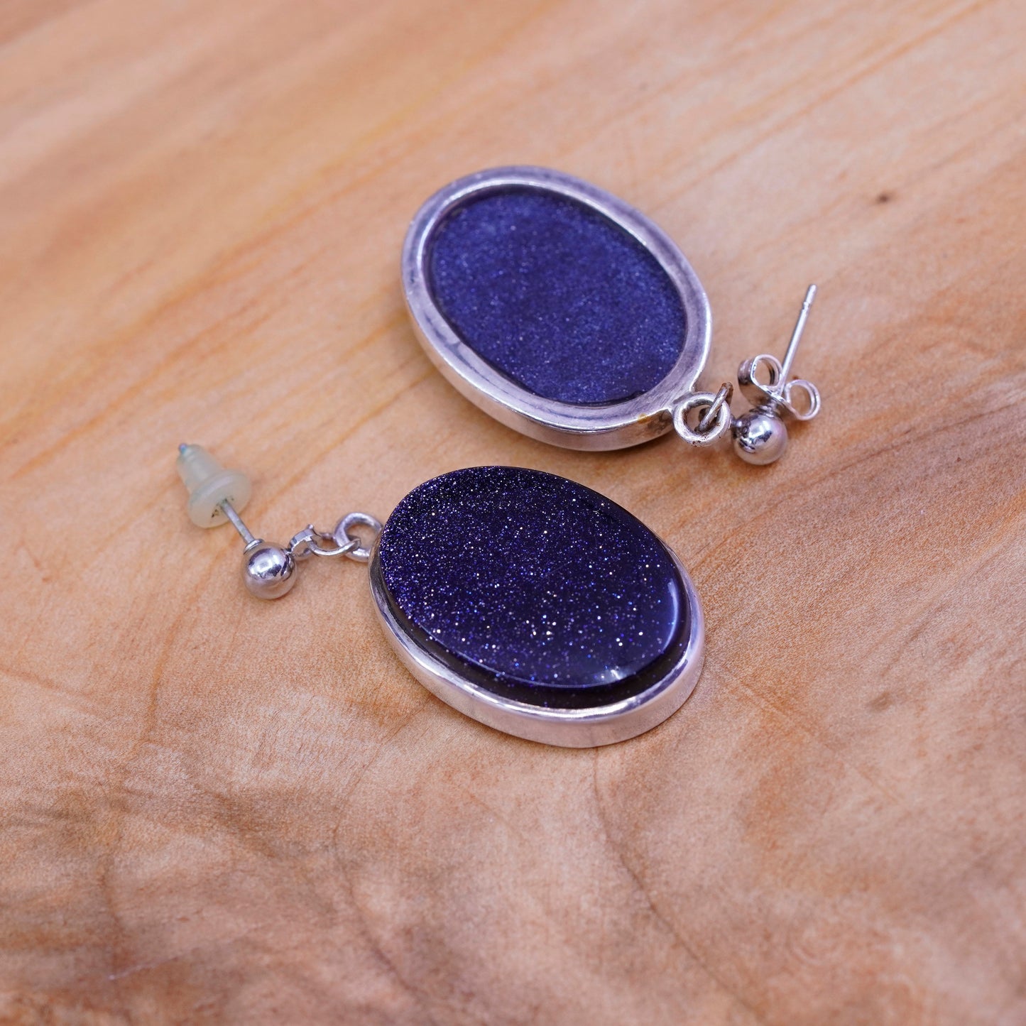 Vintage sterling 925 silver handmade earrings with oval blue goldstone dangle