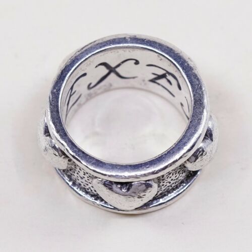 Sz 8, Vtg Exex Sterling Silver Handmade Ring, 925 Silver Band W/ Heart Embossed