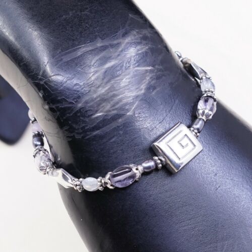 7.25”, Vtg Sterling Silver Handmade bracelet W/ Gray Pearl Beads N Moon Charm