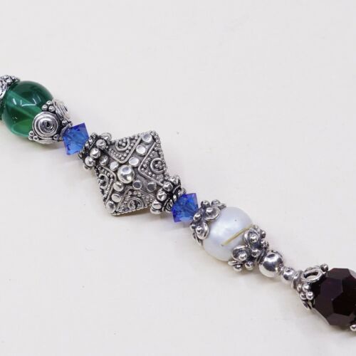 6.75”, Vtg Sterling Silver Handmade Bracelet 925 Bali W/ Swarovski Crystal Beads