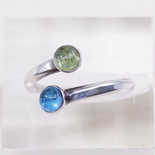 Sz 7, Vtg LE Southwestern Handmade Sterling Wrap Band Ring W/ Blue N Green Glass