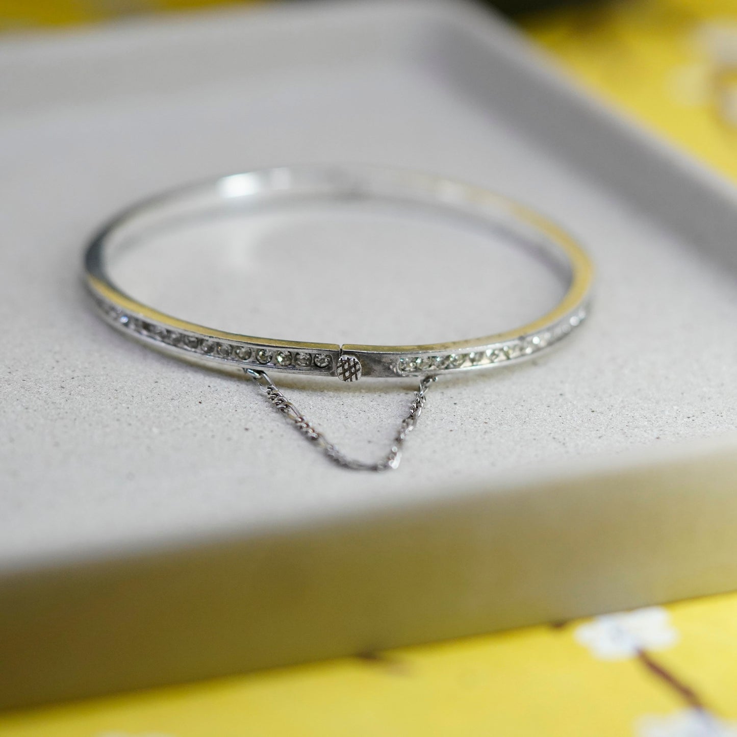 7”, Sterling silver handmade bracelet, 925 hinged bangle with cz secure chain
