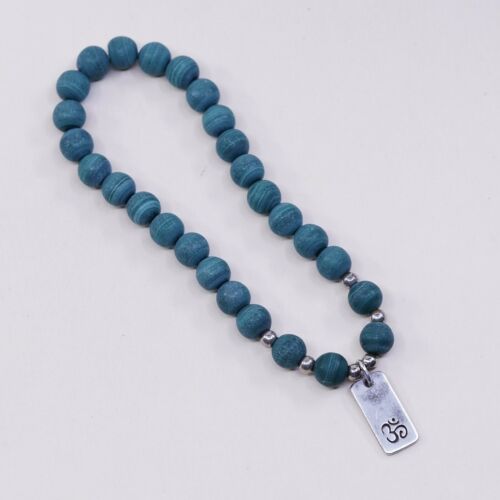 6.5”, Vtg Handmade Malachite Beads Bracelet W/ Elastic Band N 925 Om Aum Tag