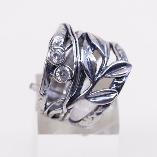 Sz 7, Vtg Israel Sterling Silver Handmade Ring, 925 Leaves Band W Cz