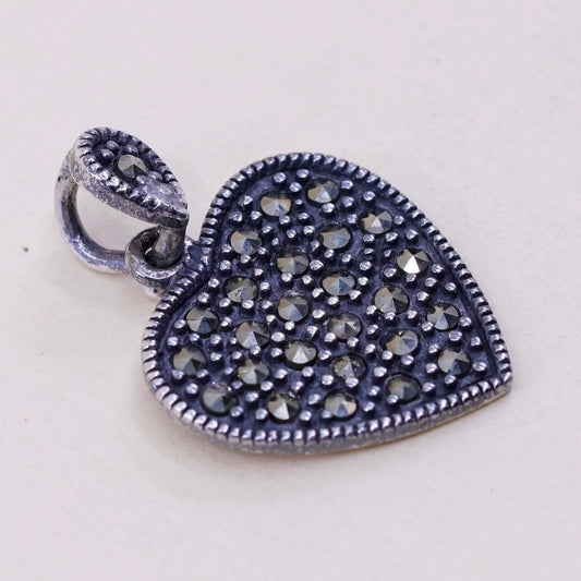 vintage sterling silver handmade pendant, 925 heart with marcasite