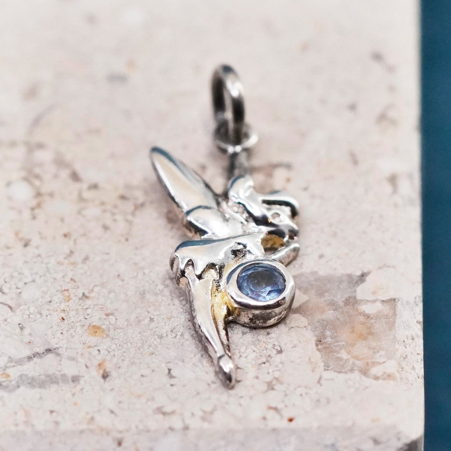 Vintage Sterling silver handmade pendant, 925 fairy charm with blue crystal