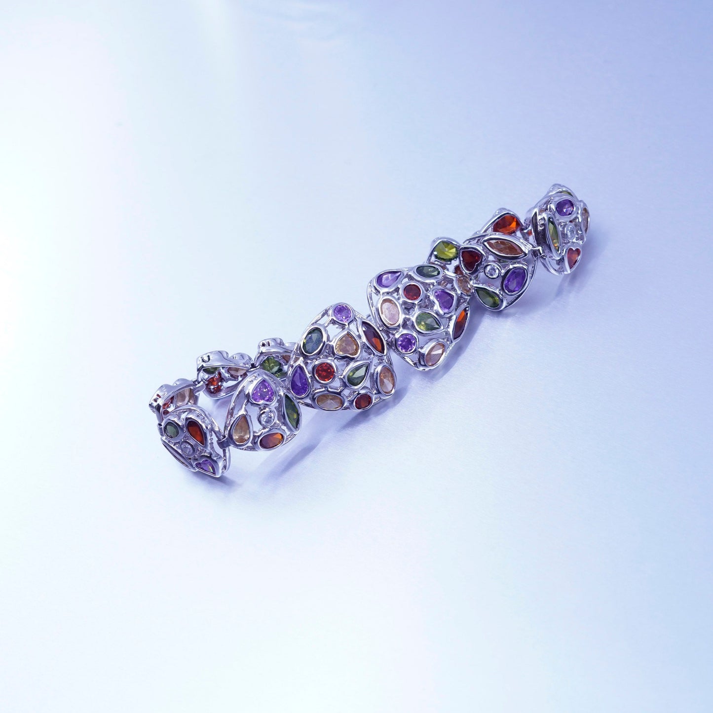 7.5+1”, Sterling 925 silver handmade bracelet chain peridot ruby amethyst cz
