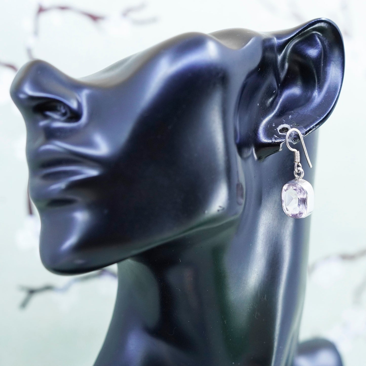 Vintage sterling silver handmade earrings, 925 drops with amethyst