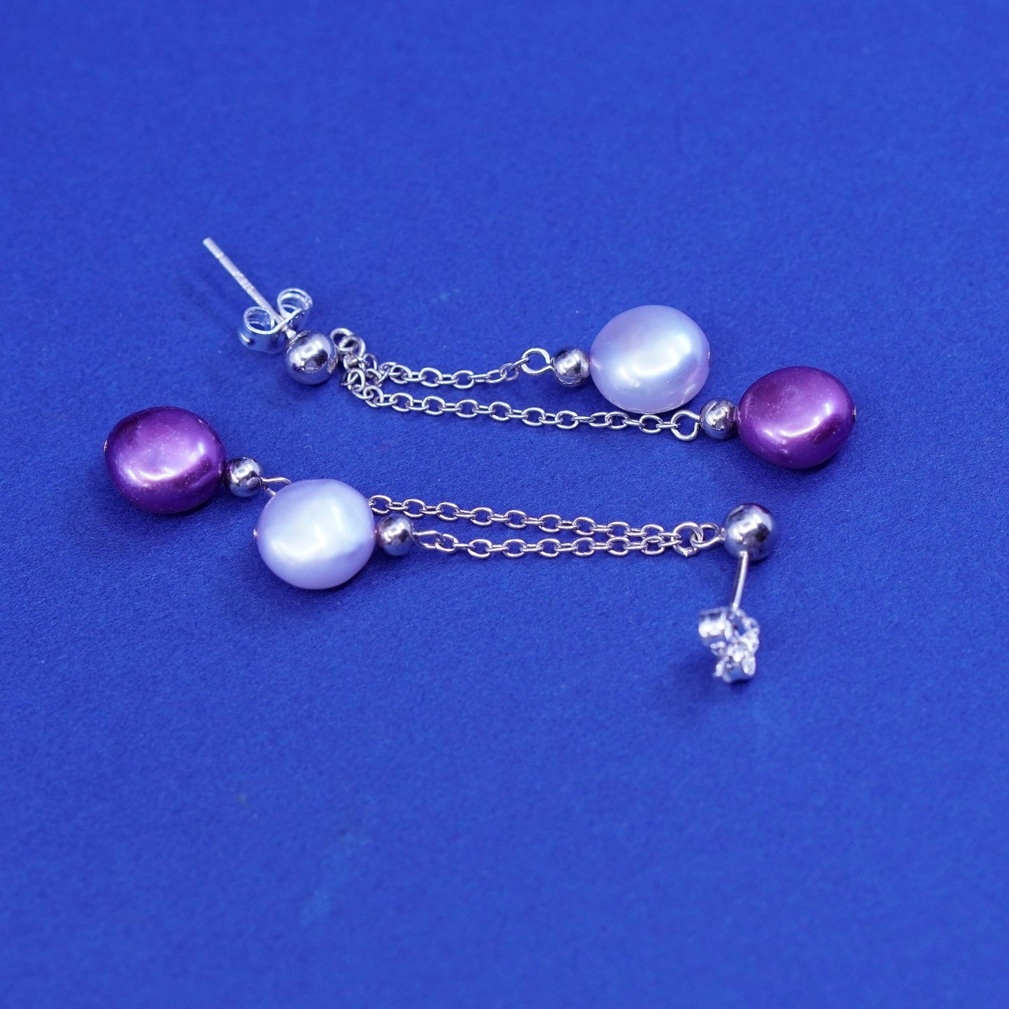 Sterling silver handmade earrings, 925 fringe with red and white pearl drops