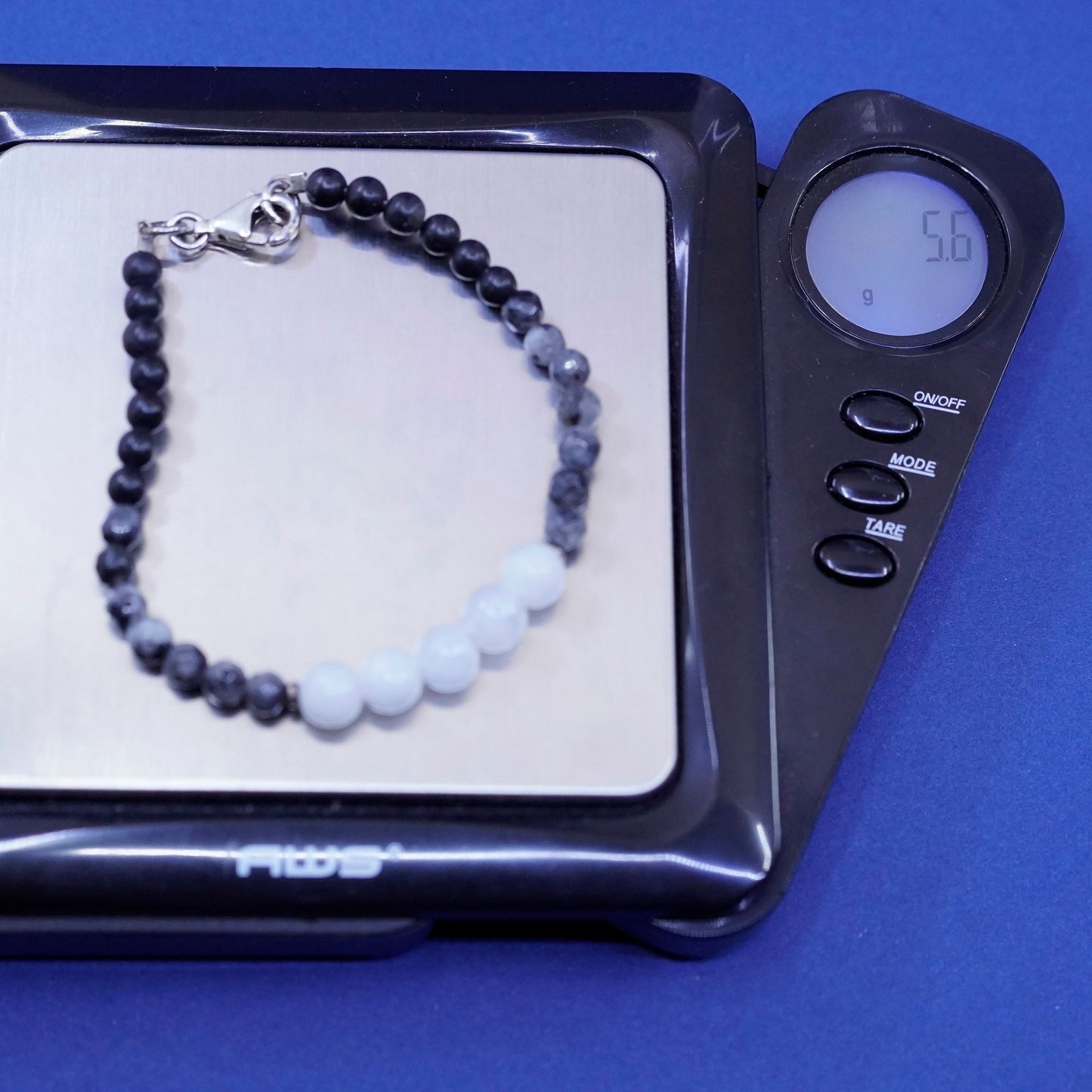 6.25”, vintage Sterling silver handmade bracelet with black and white quartz